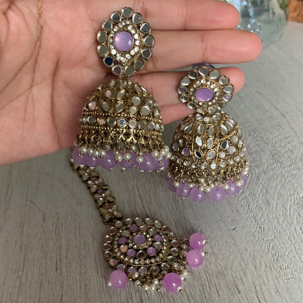 Purple Mirrored Kundan Jhumka Earrings with Maang Tikka